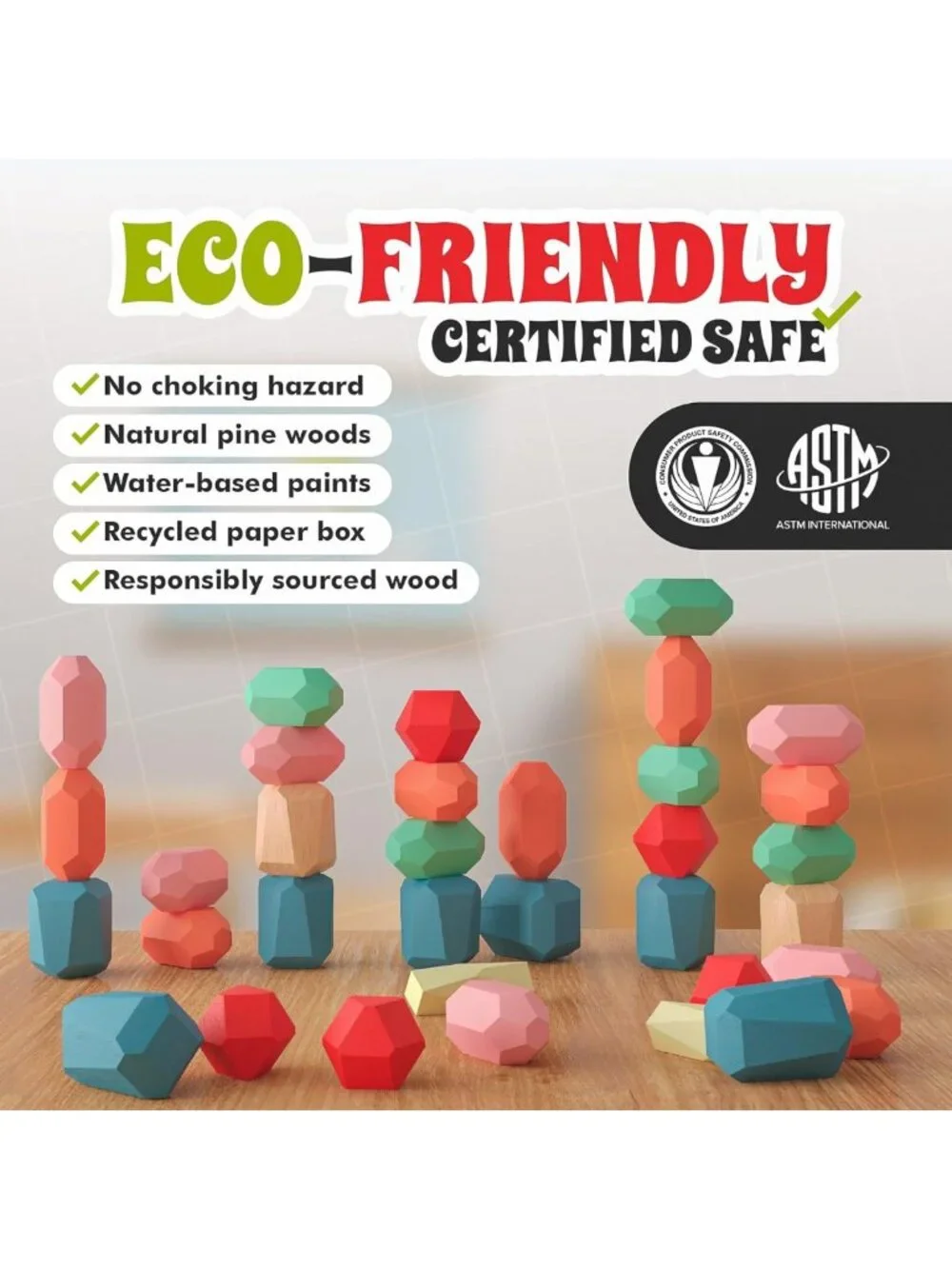 36 Pcs Wooden Stacking Blocks - Montessori Sensory STEM Toys for Toddlers & Kids